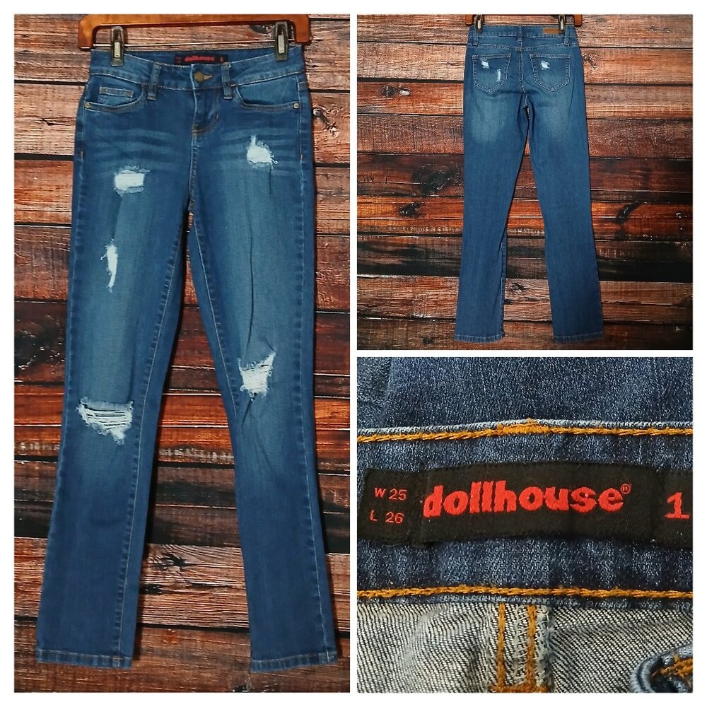 Dollhouse Jeans Size 1 Mid Rise Distressed Slim Straight Blue Denim Stretch